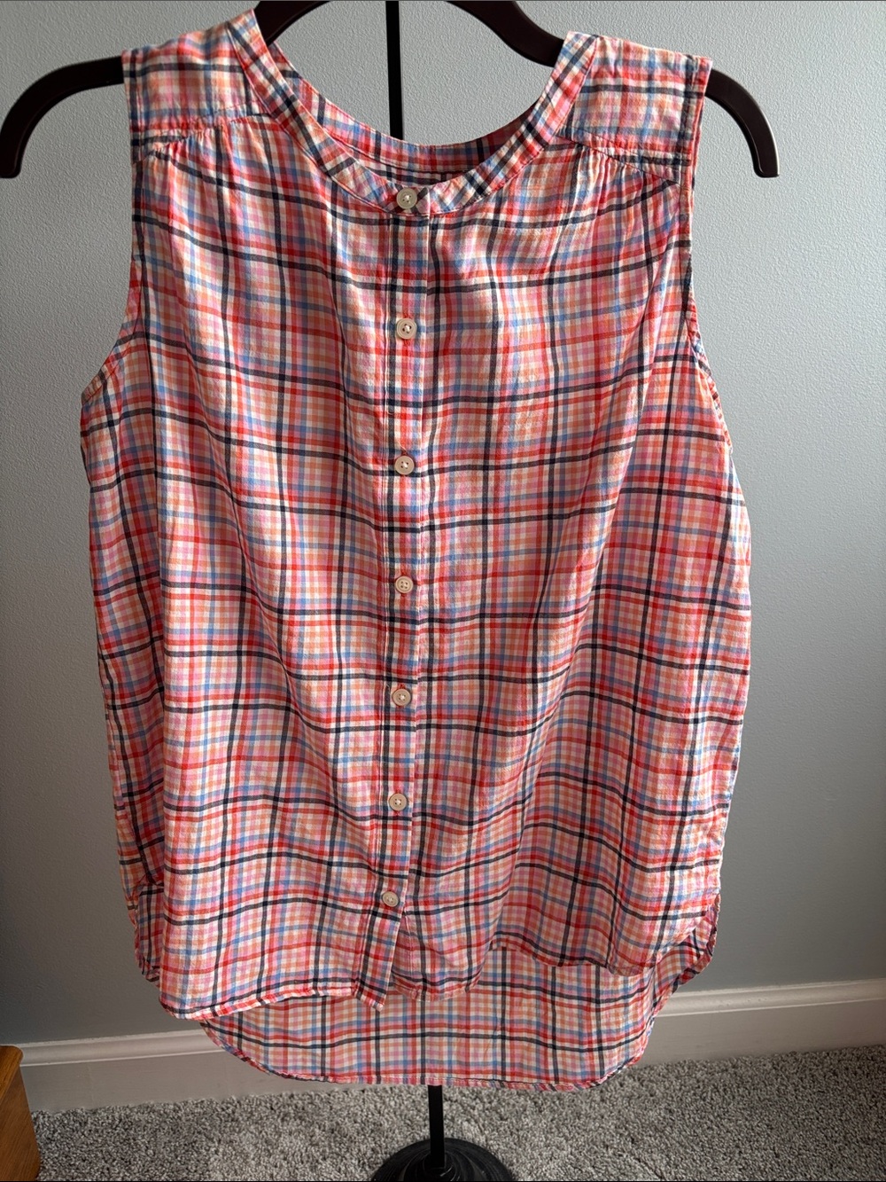 LOFT Pink Orange Multi-Color Plaid Sleeveless Button-Back Blouse